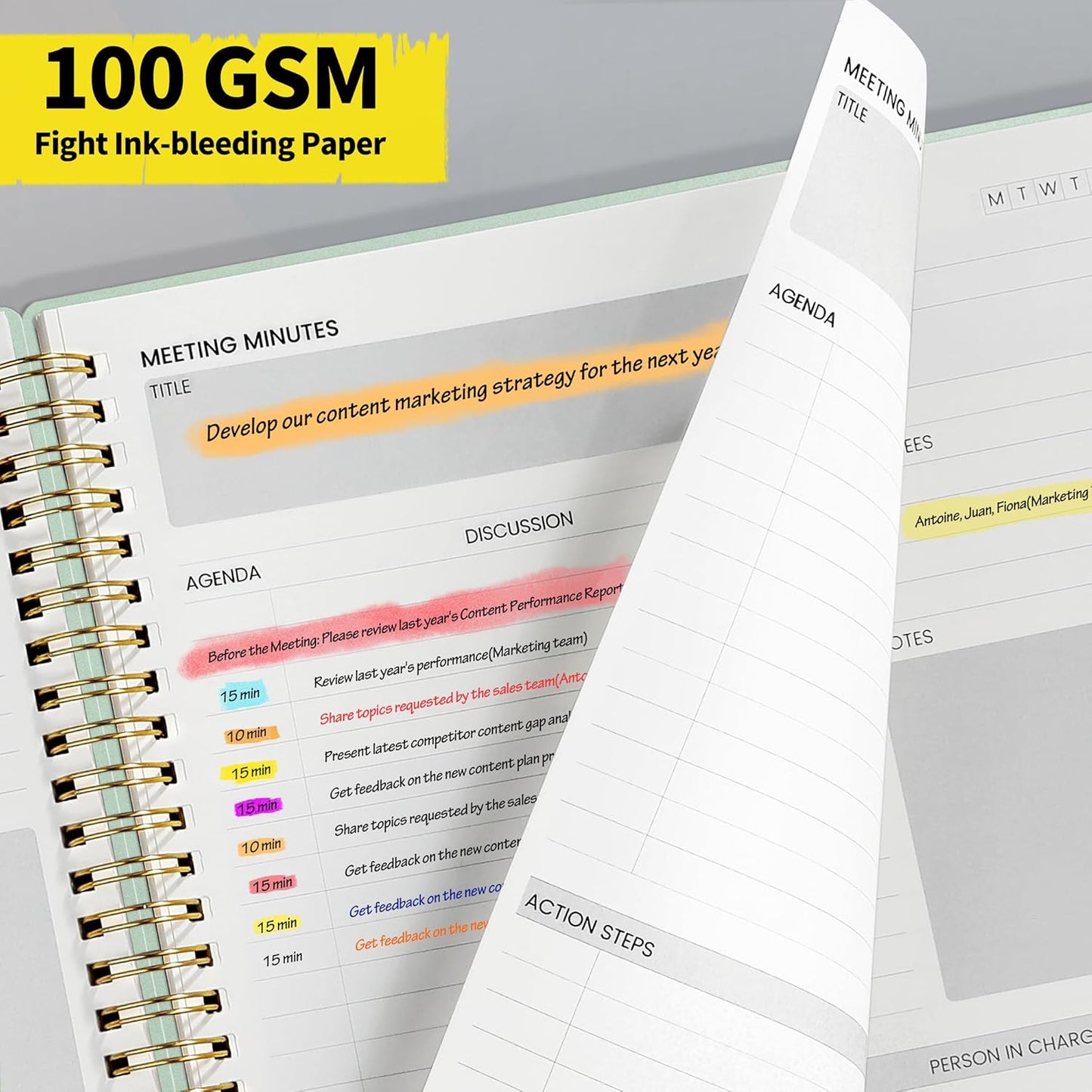 SUNEE Meeting Notebook for Work with Sticky Tabs - 160 Pages, A4 Size Project Planner, Spiral Meeting Agenda/Minutes Notebook Organizer for Women Men, Note Taking, Office&Business,8.5"x11", Sage Green