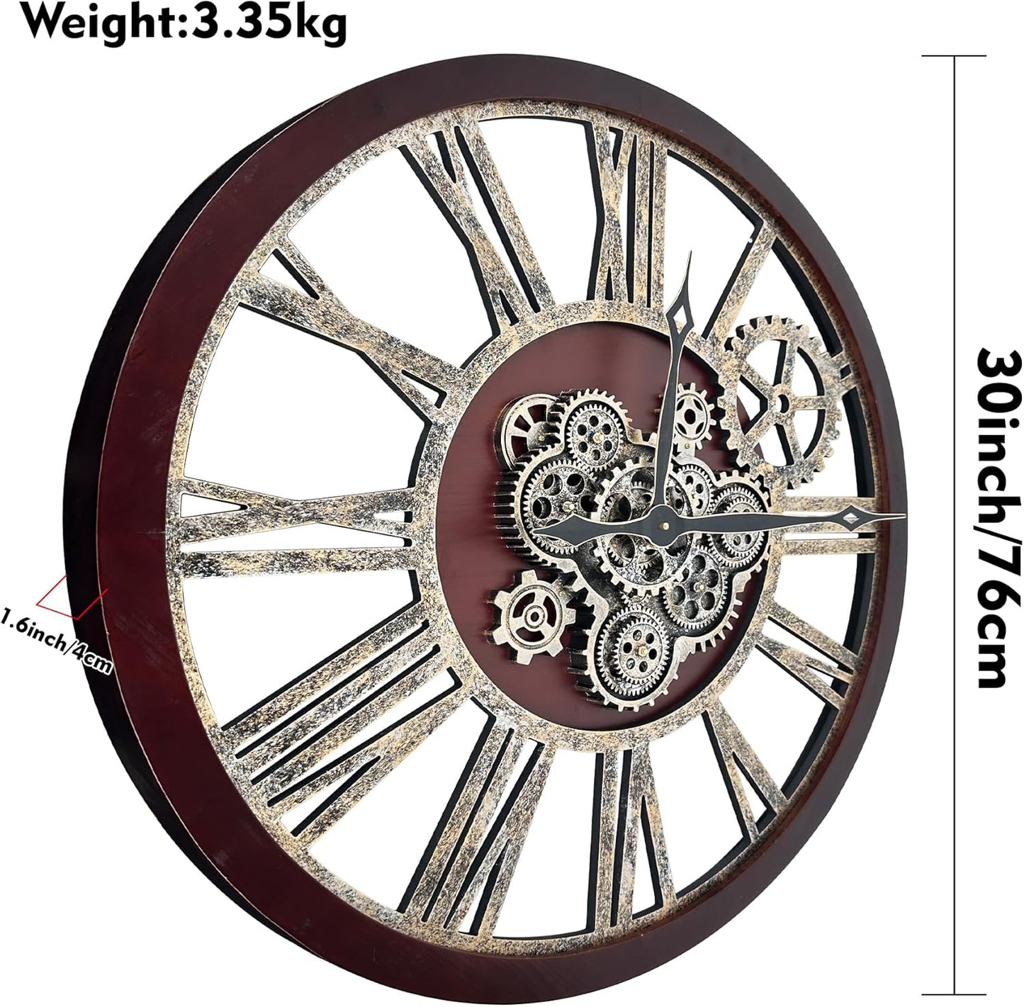 The B-Style Large Real Moving Gears Wall Clock 30 inch Rustic Retro Industrial Farmhouse Wood Clock Oversized Decorative Vintage Wall Clocks for Living Room (Cherry red and Bronze