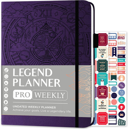 Legend Planner PRO – Deluxe Weekly & Monthly Life Planner to Increase Productivity and Hit Your Goals. Time Management Organizer Notebook – Undated – 7 x 10" Hardcover + Stickers – Dark Purple