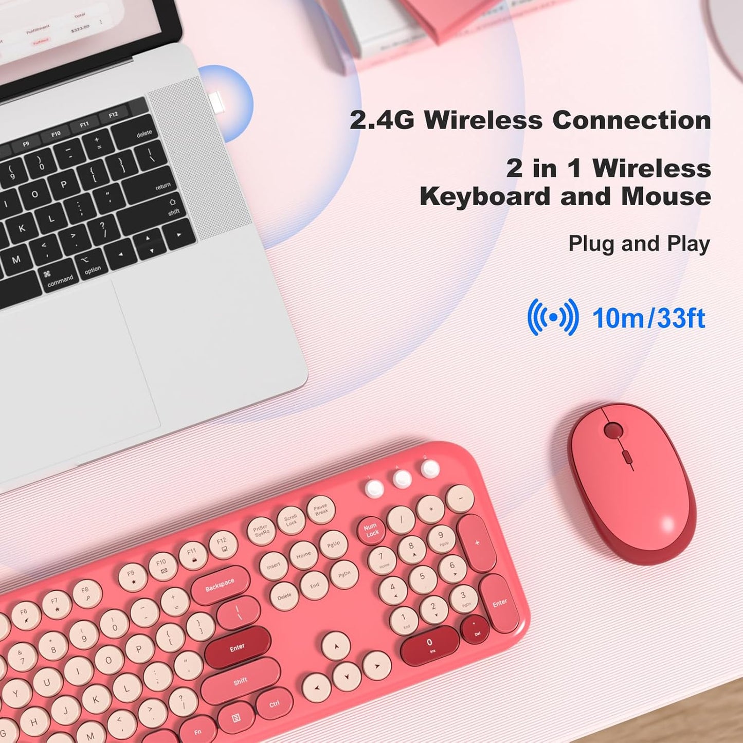 MOFII Wireless Keyboard and Mouse, Retro Typewriter Keyboard and Silent Mouse, 2.4GHz Full Size Keyboard and Mouse Wireless Combo for Laptop, PC, Desktop, Windows (Hot Pink)