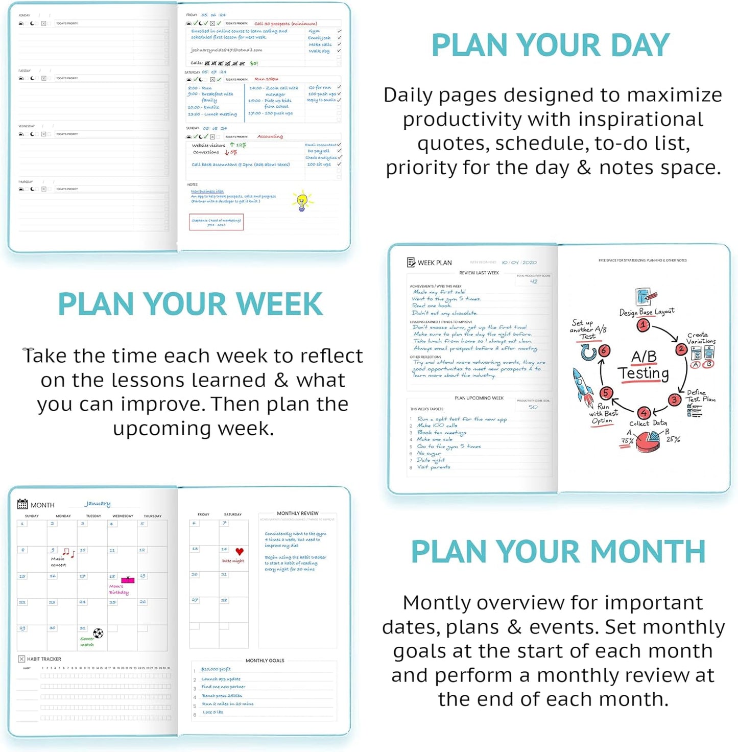 Undated Daily Planner – 1-Year B5 Productivity Organizer with Two-Page Weekly Spread, Goal Setting, Habit Tracker, Weekly & Monthly Pages – Hardcover Time Management Notebook (Turquoise)