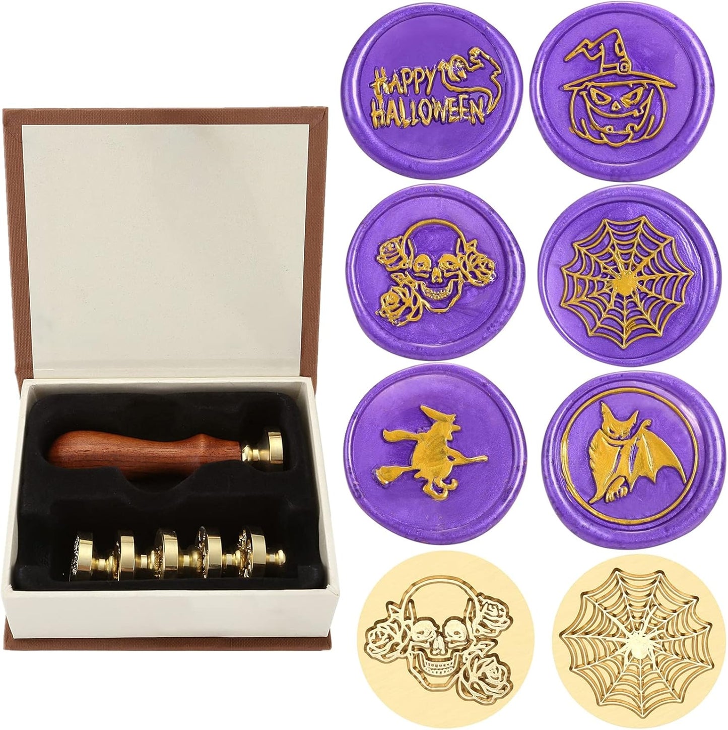Yoption 6 Pcs Wax Seal Stamp Set, Halloween Sealing Wax Stamps Kit, Wooden Handle with Brass Head for Halloween Invitation Gift Cards