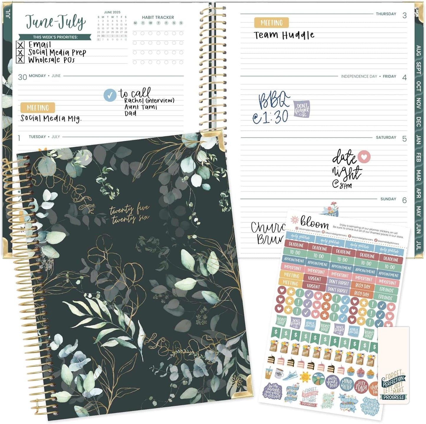 bloom daily planners HARDCOVER 2025-2026 (8.5" x 11") Academic Year Day Planner (July 2025 - July 2026) - Task Goal Organizer - Monthly & Weekly Inspirational Agenda Book - Eucalyptus, Green