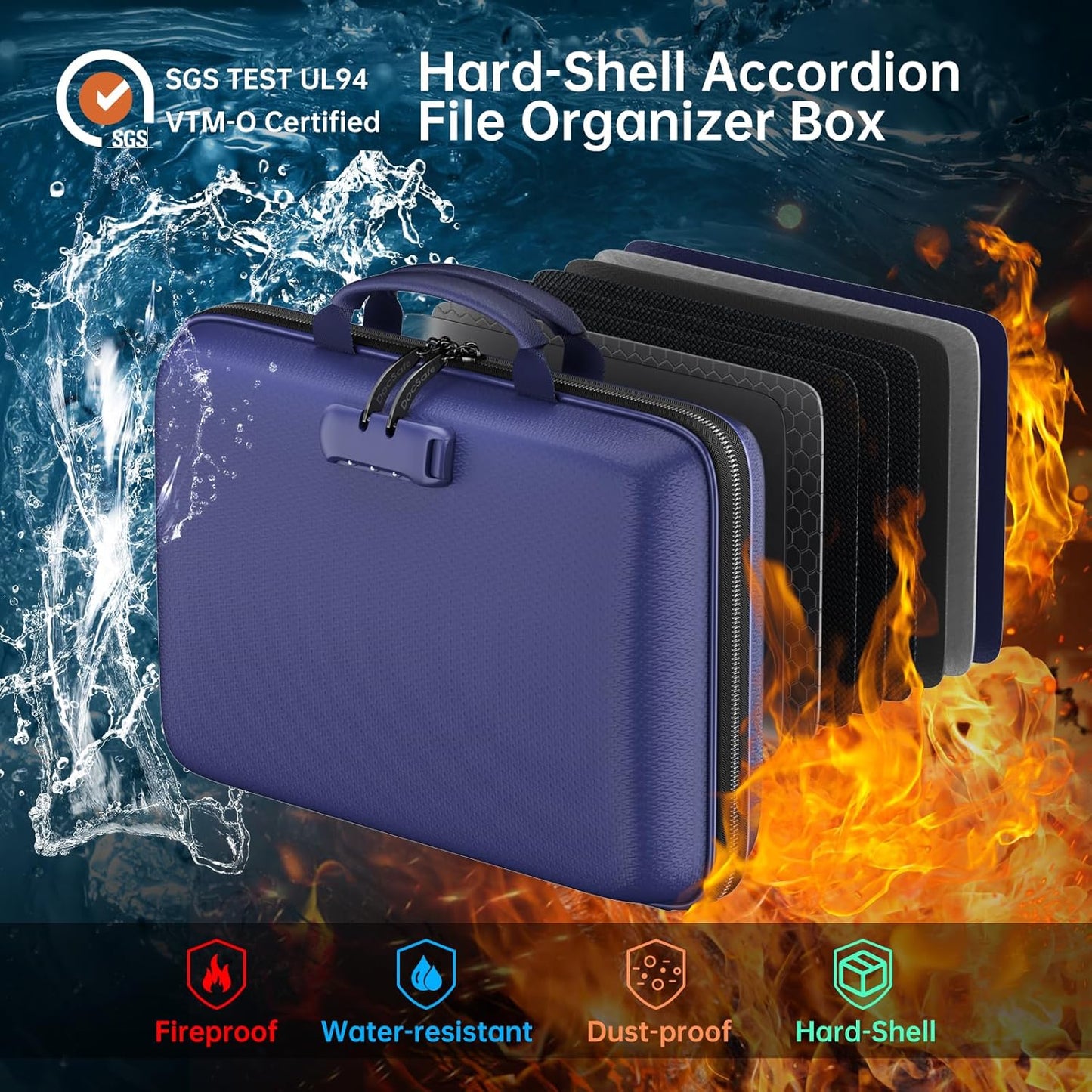 DocSafe Fireproof File Organizer with Lock, Hard-Shell Case Fireproof Document Box with 13 Pocket Accordion File Folder, Portable Home Office Travel Safe Storage for Important Documents Laptop Blue