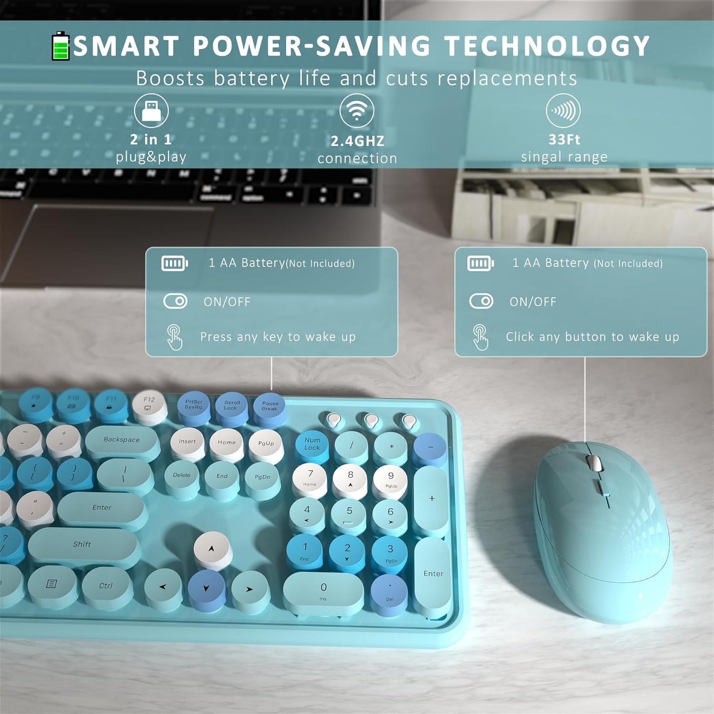 Wireless Keyboard and Mouse, Full-Size Retro Typewriter Keyboard with Round Keycaps, 2.4GHz for Windows, Mac, Laptop, PC, Desktop (Blue Colorful)