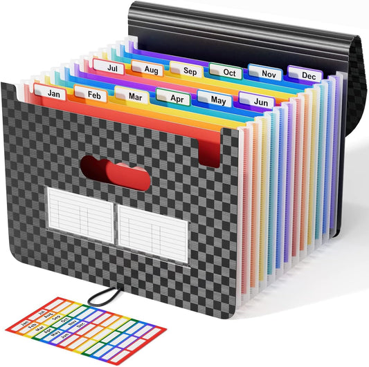 ABC life Accordian File Organizer 12 Pockets,Expanding File Folder/Portable A4 Letter Size Filling Box, Expandable Desktop Accordion Folder, Plastic Paper Document Coupon Organizer with Colored Labels