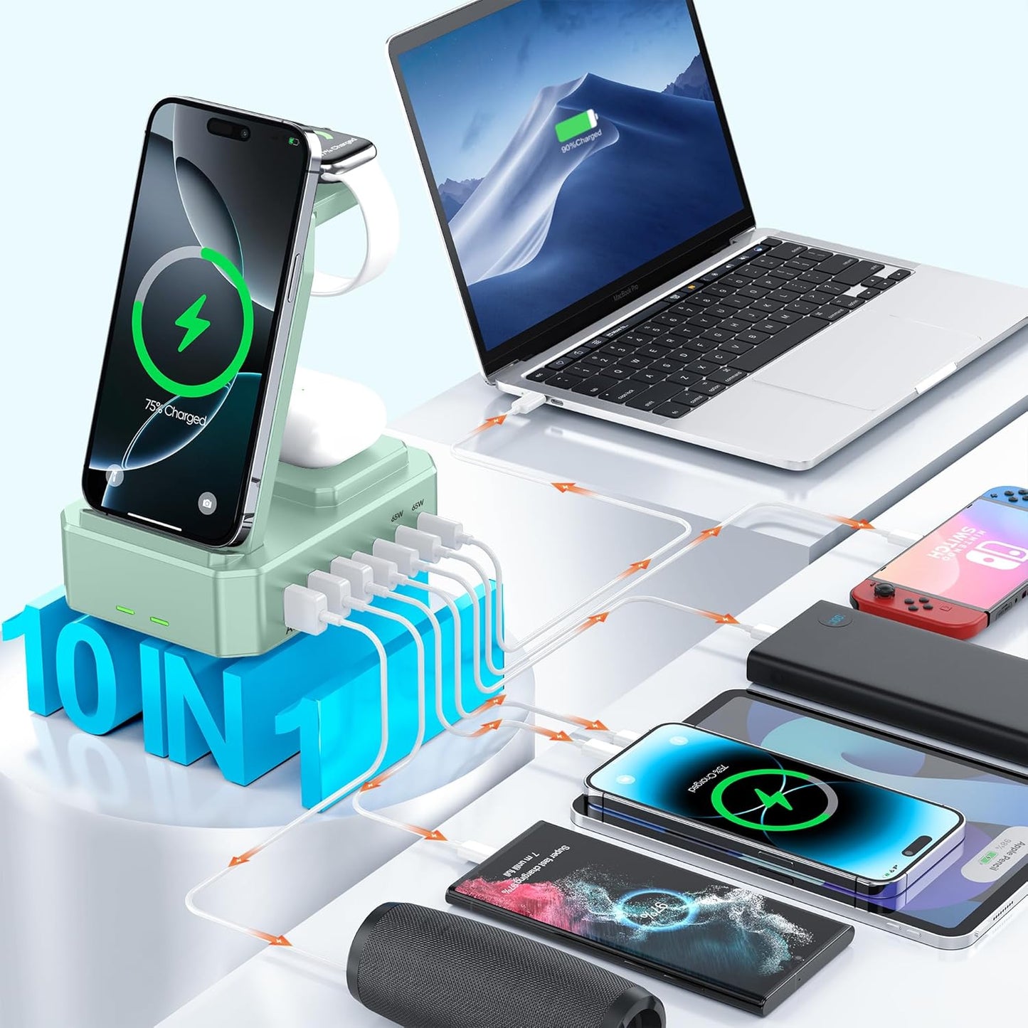 300W Charging Station for Multiple Devices Apple, Zutspzss 10 in 1 Wireless Charger for iPhone 16, GaN III USB C 65W PD Fast Charging Stand Dock for MacBook, Apple Watch&Airpods,Green