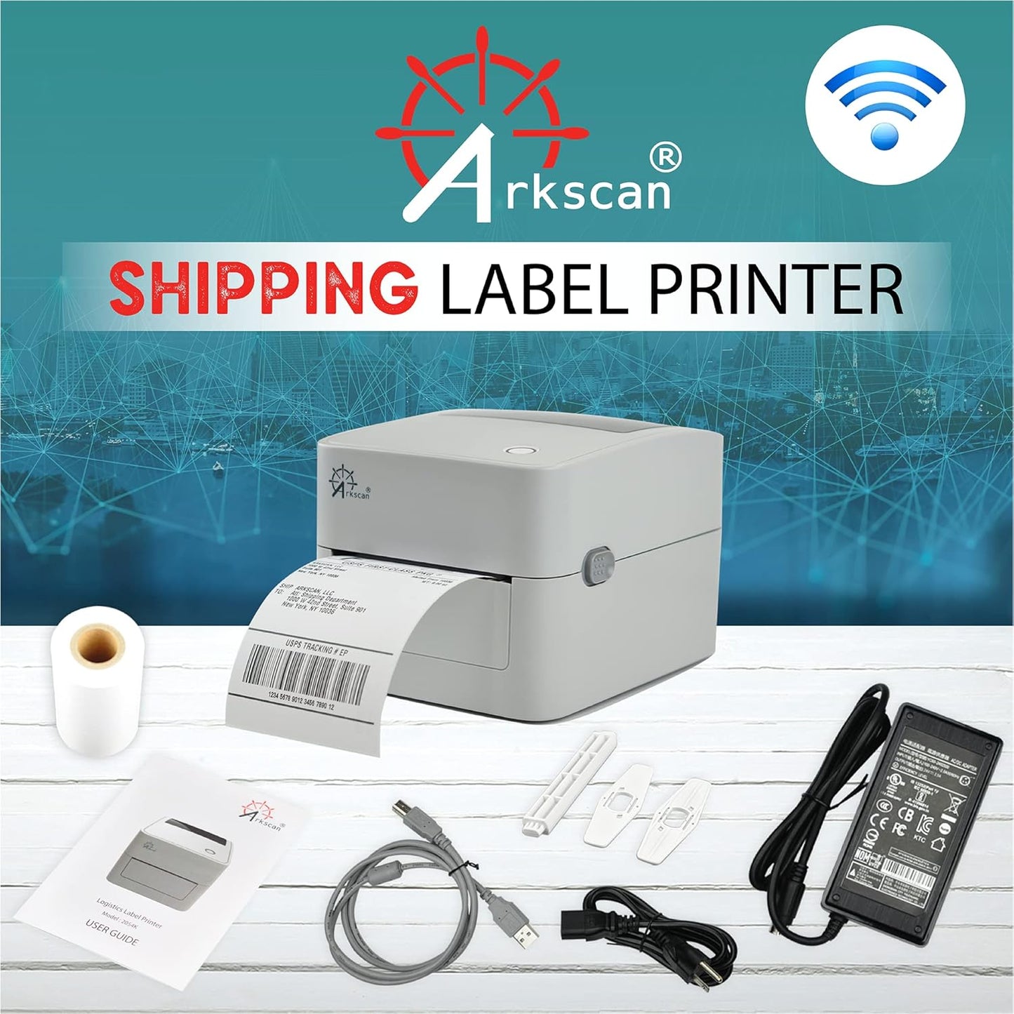 2054K-WF Mini WiFi Wireless Shipping Label Printer for iPhone Windows Mac Chromebook Android Support Amazon Ebay Paypal Shopify Shipstation UPS USPS FedEx Fanfold Direct Label