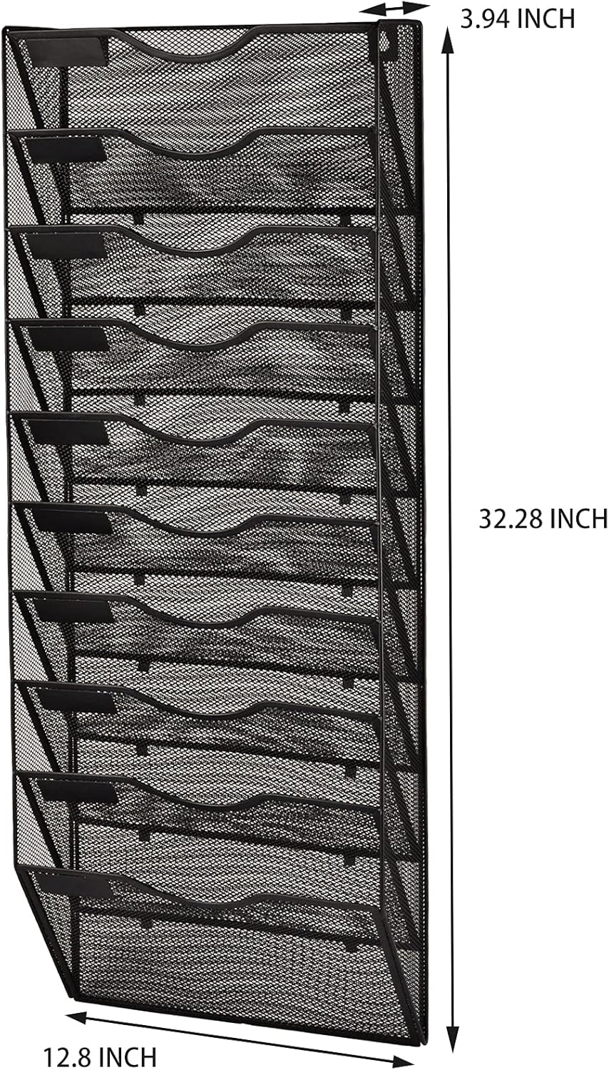 EASEPRES 10 Pocket Mesh Hanging Wall File Organizer, Wall Mounted Mail Paper Document Folder Holder, Clipboard Storage Organization Magazine Rack with Nametag Label for Office Home School, Black