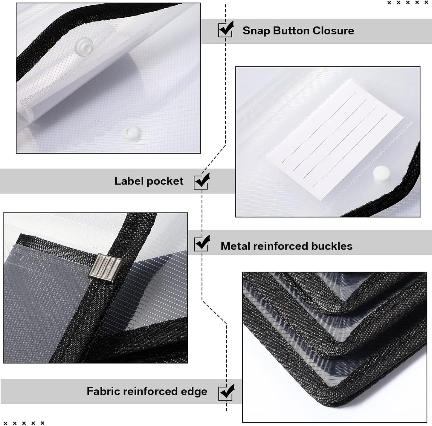 10 Pieces Plastic File Folders Envelope Expanding File Wallet Organizer Documents Folder with Snap Closure and Pocket B4 Waterproof Transparent Pouch for School Office(Black,Horizontal)