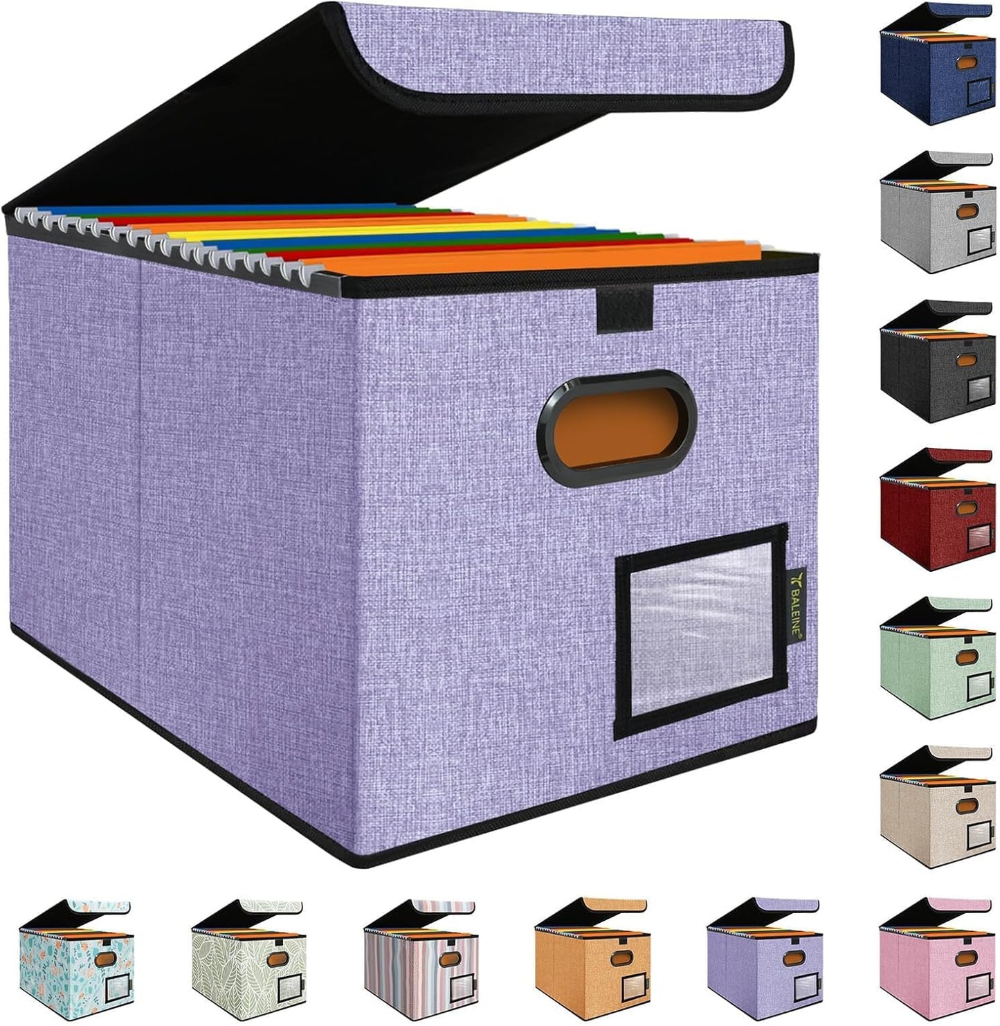 BALEINE File Organizer Box with Lid, Collapsible File Folder Organizer with Plastic Slide, Hanging File Folder Box for Office Document Storage (1 Pack, Purple)