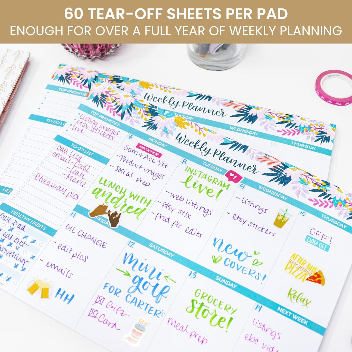 bloom daily planners Horizontal Weekly Tear-Off To Do List Planning Pad - Undated Notepad Organizer & Healthy Habit Tracker - 8.5” x 11” - Floral