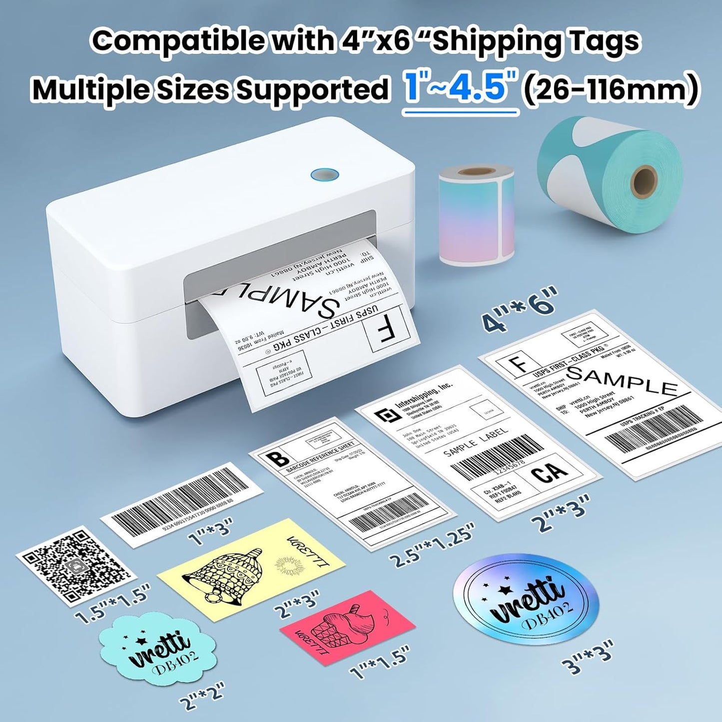 vretti USB Shipping Label Printer - 4x6 Thermal Label Printer for Small Business, Compatible with Windows,Mac,Linux and ChromeOS, Supports Barcodes, Shipping Labels, Mailing Labels, Etc.