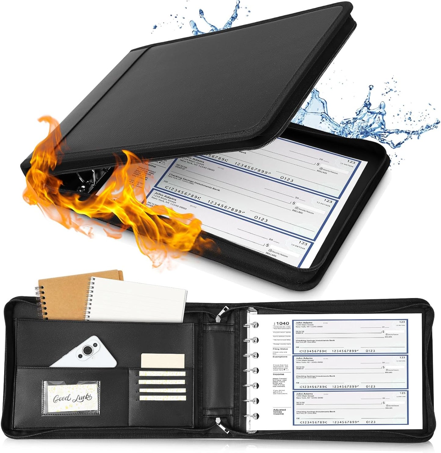 Henoyso 7 Ring Fireproof Business Checkbook Binder with Zipper 1.5 Inch D Rings Check Binder 9 x 13 Inch Checks 600 Sheets Capacity Built in Storage Organizer for Office Storage(Black)