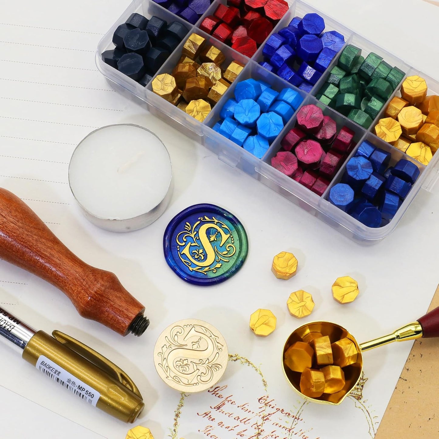 SWANGSA Initial Alphabet S Wax Seal Stamp Kit, Classic Retro Letter Sealing Stamp with 200pcs Sealing Wax Beads Kit for Wedding Invitations Cards Envelopes (S)