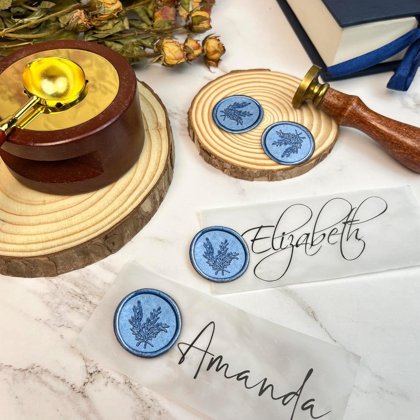 25Pcs Wax Seal Stickers Handmade Envelope Seals Self Adhesive Wax Stickers for Wedding Party Invitations, Envelope, Gift Wrap, Christmas(Rosemary Style, Blue)