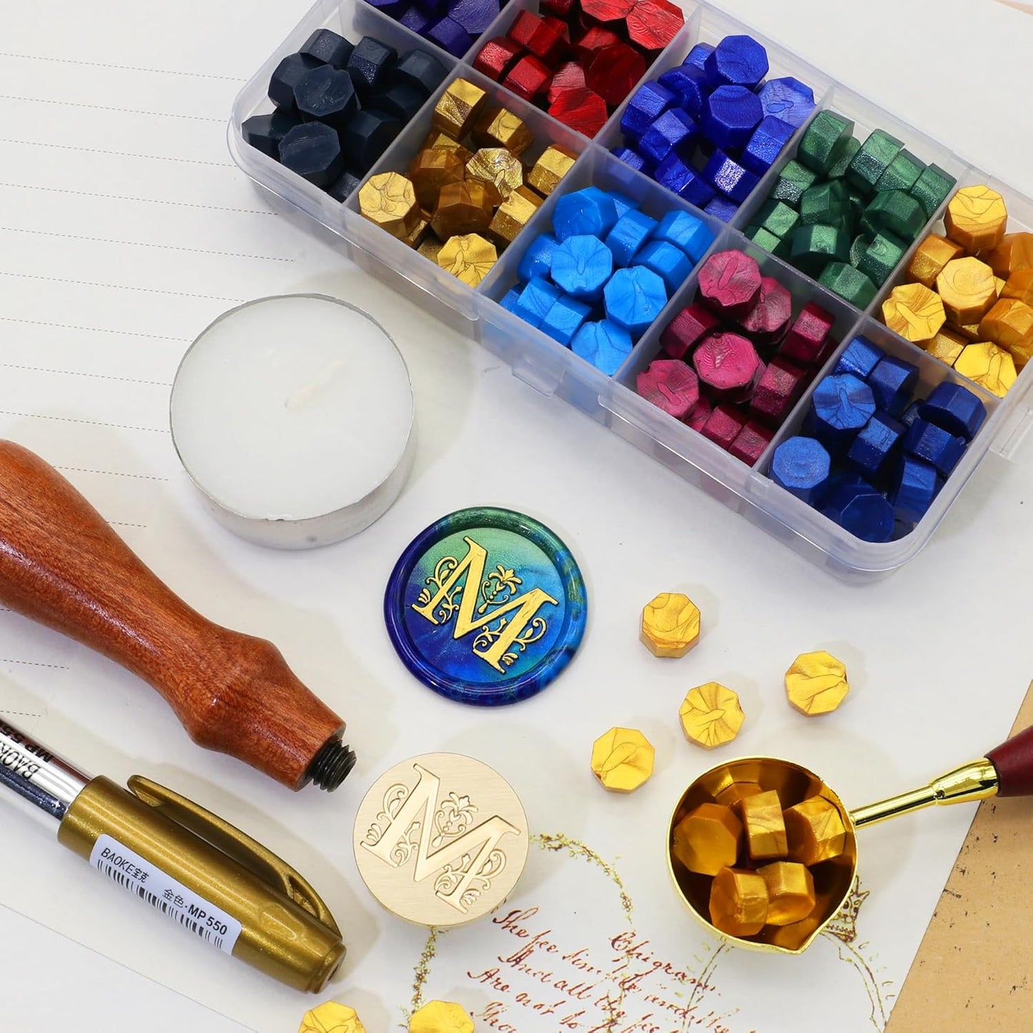 SWANGSA Initial Alphabet M Wax Seal Stamp Kit, Classic Retro Letter Sealing Stamp with 200pcs Sealing Wax Beads Kit for Wedding Invitations Cards Envelopes (M)