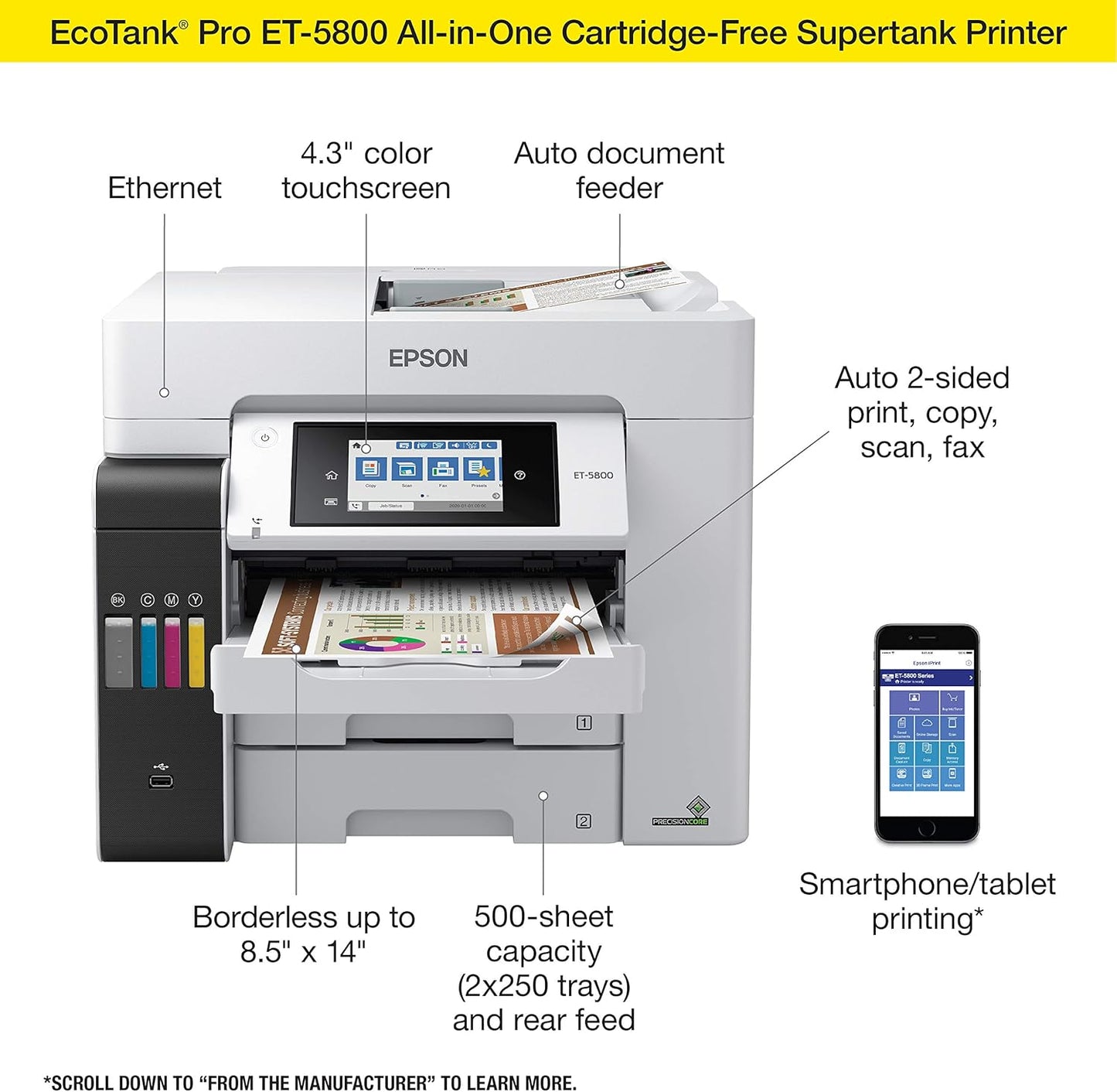 Epson EcoTank Pro ET-5800 Wireless Color All-in-One Supertank Printer with Scanner, Copier, Fax and Ethernet, White