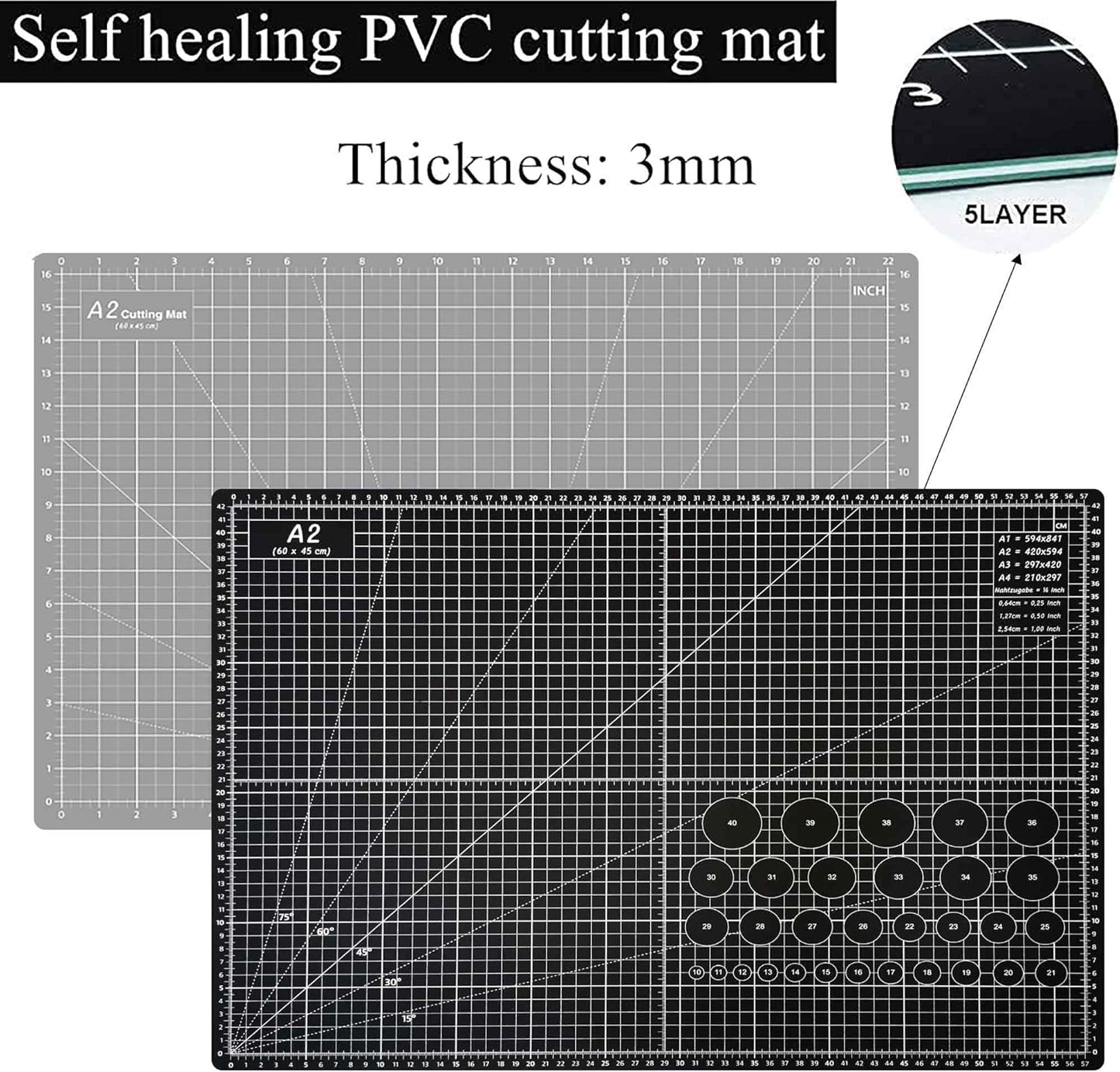 HEADLEY TOOLS 18" x 24" Thickened Self Healing Cutting Mat, A2 Rotary Cutting Sewing Mat for Crafts, Double Sided 5-Ply Table Cutting Board for Fabric Quilting Leather Arts Hobby Project, Grey/Black