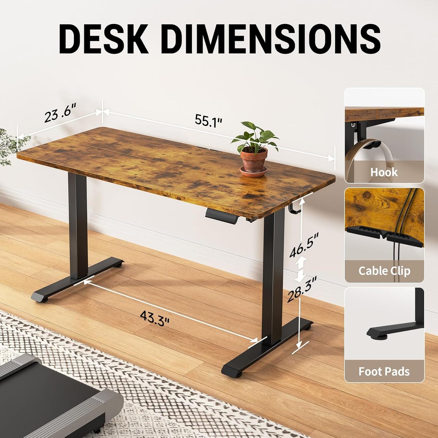 Veken 55 Inch Large Electric Standing Desk, 4 Memory Heights Adjustable,Sit to Stand Up, Work Home Office Computer Table for Study, Walking Pad, Writing, and Games, Wooden Desktop Desks, Brown