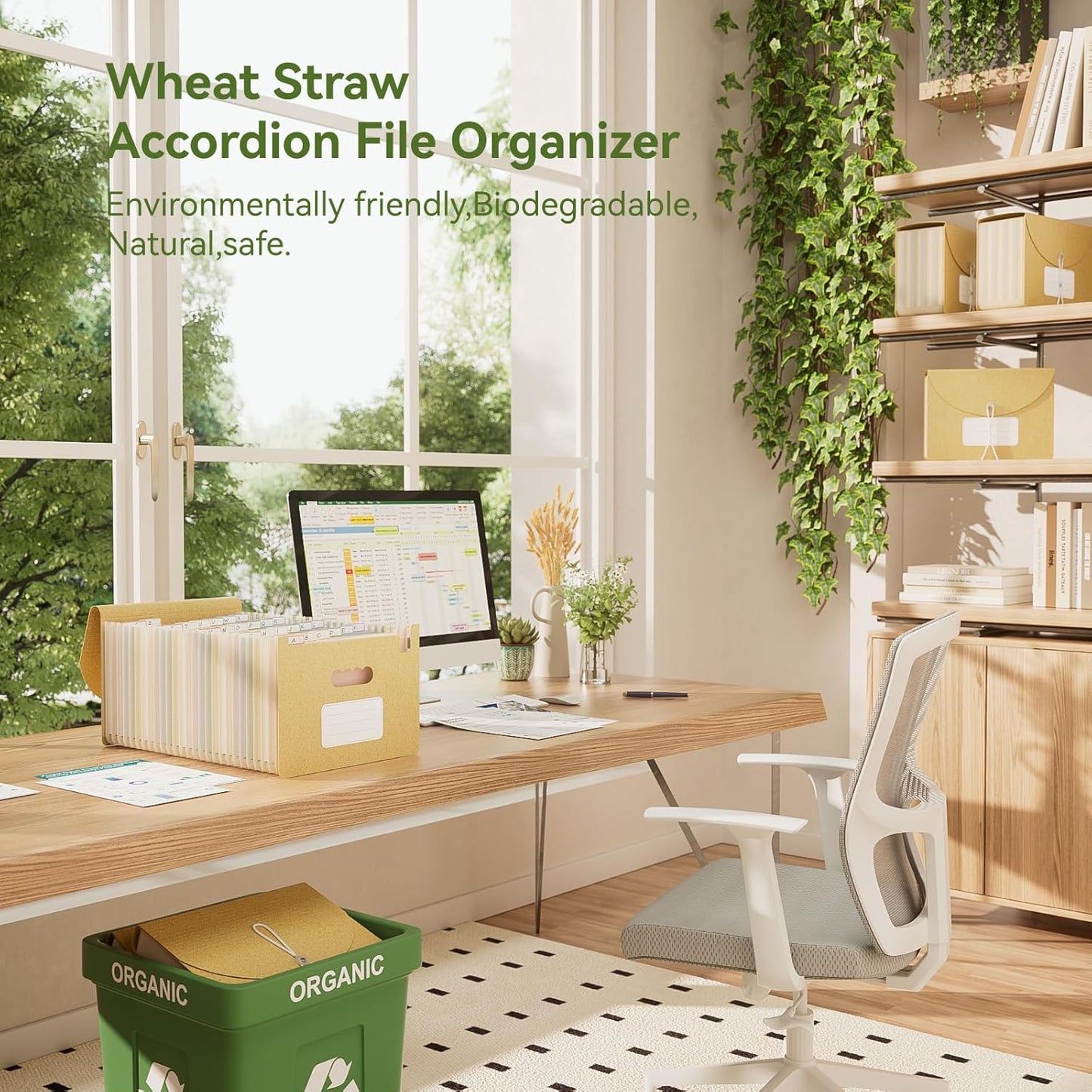 Accordion File Organizer, 26 Pockets Wheat Straw Expanding File Folder, Monthly Bill Receipt Organizer, A-Z Tabs, 100% BPA Free, Return to Nature, Healthy Living, Letter/A4 Size-Wheat Yellow