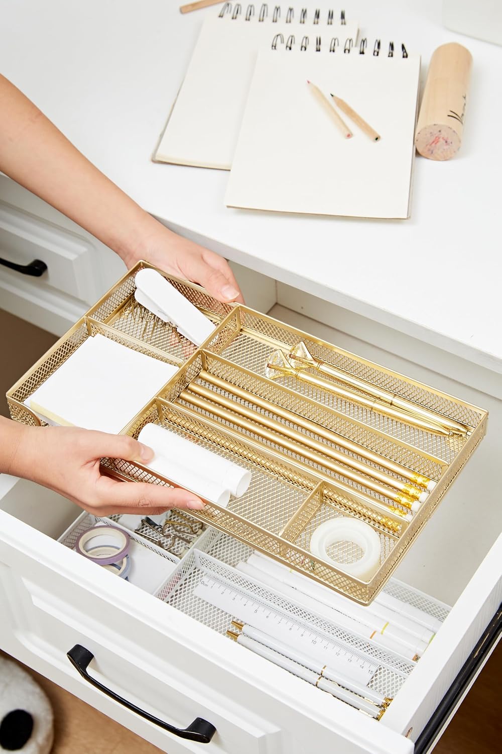 Annova Desk Drawer Organizer Tray for Office Organization - Metal Mesh - Storage Tray with Dividers for Pens, Desktop Accessories, Bathroom, Kitchen, Makeup and Office Supplies (Small, Gold)