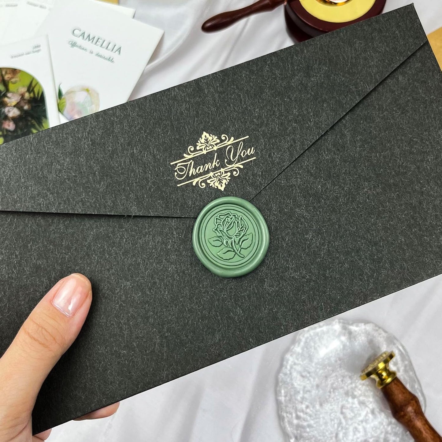 25Pcs Wax Seal Stickers Handmade Envelope Seals Self Adhesive Wax Stickers for Wedding Party Invitations, Envelope, Gift Wrap, Christmas(Rose Style, Olive Green)