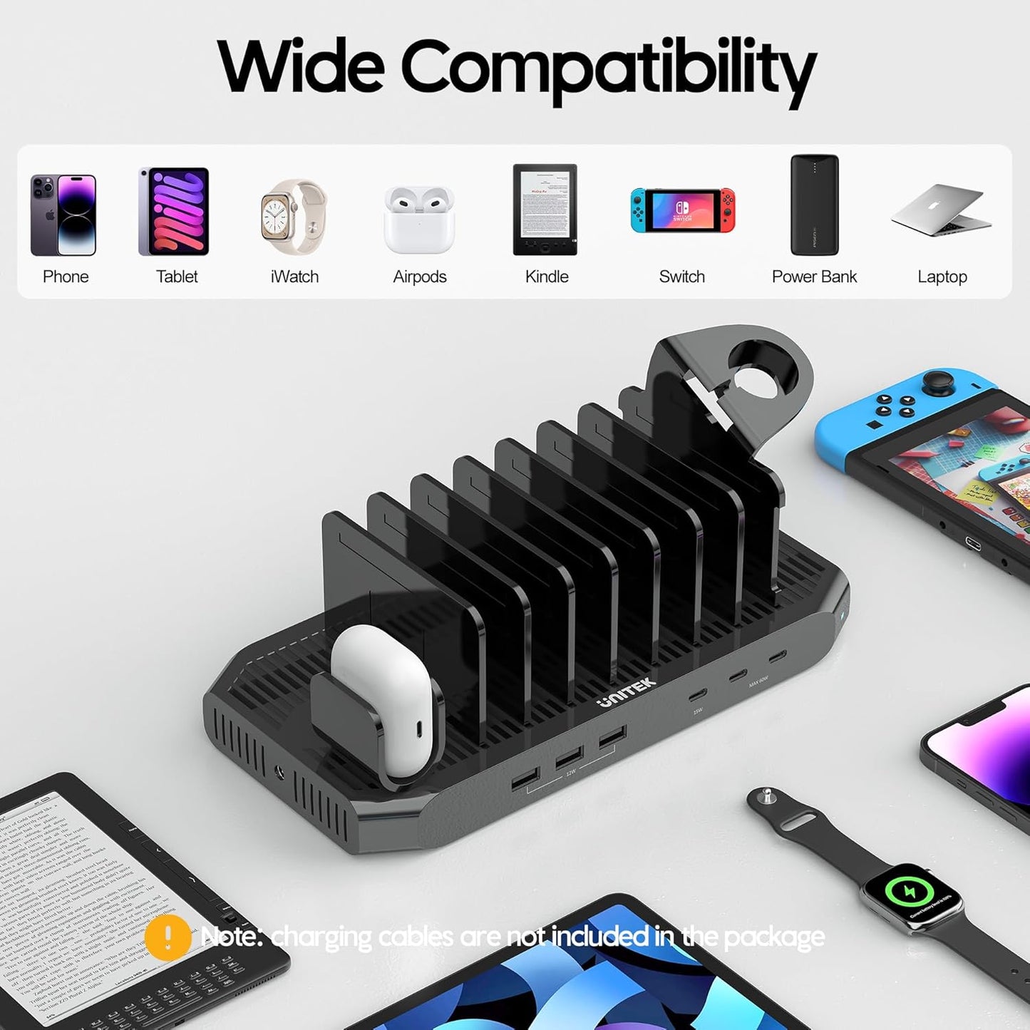 Unitek USB C Charging Station for Multiple Devices Apple - 6 Port MacBook Laptop Charging Dock with Type-C PD 60W Fireproof Fast Charging Stand with Smartwatch & Airpods Holder for iPhone iPad Tablet