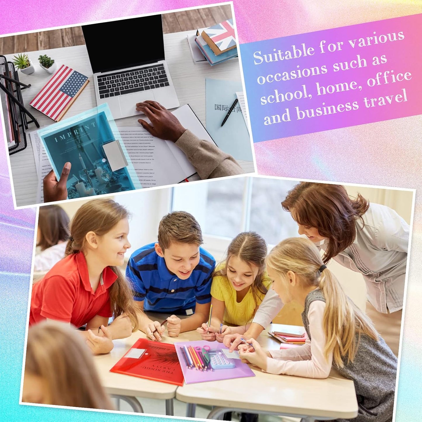 Zhehao 100 Pcs Clear Envelopes with Snap Button Closure A4 Letter Size Plastic Envelope Folder Poly Document File Folders for home Office(Multicolor,Pocket Style)