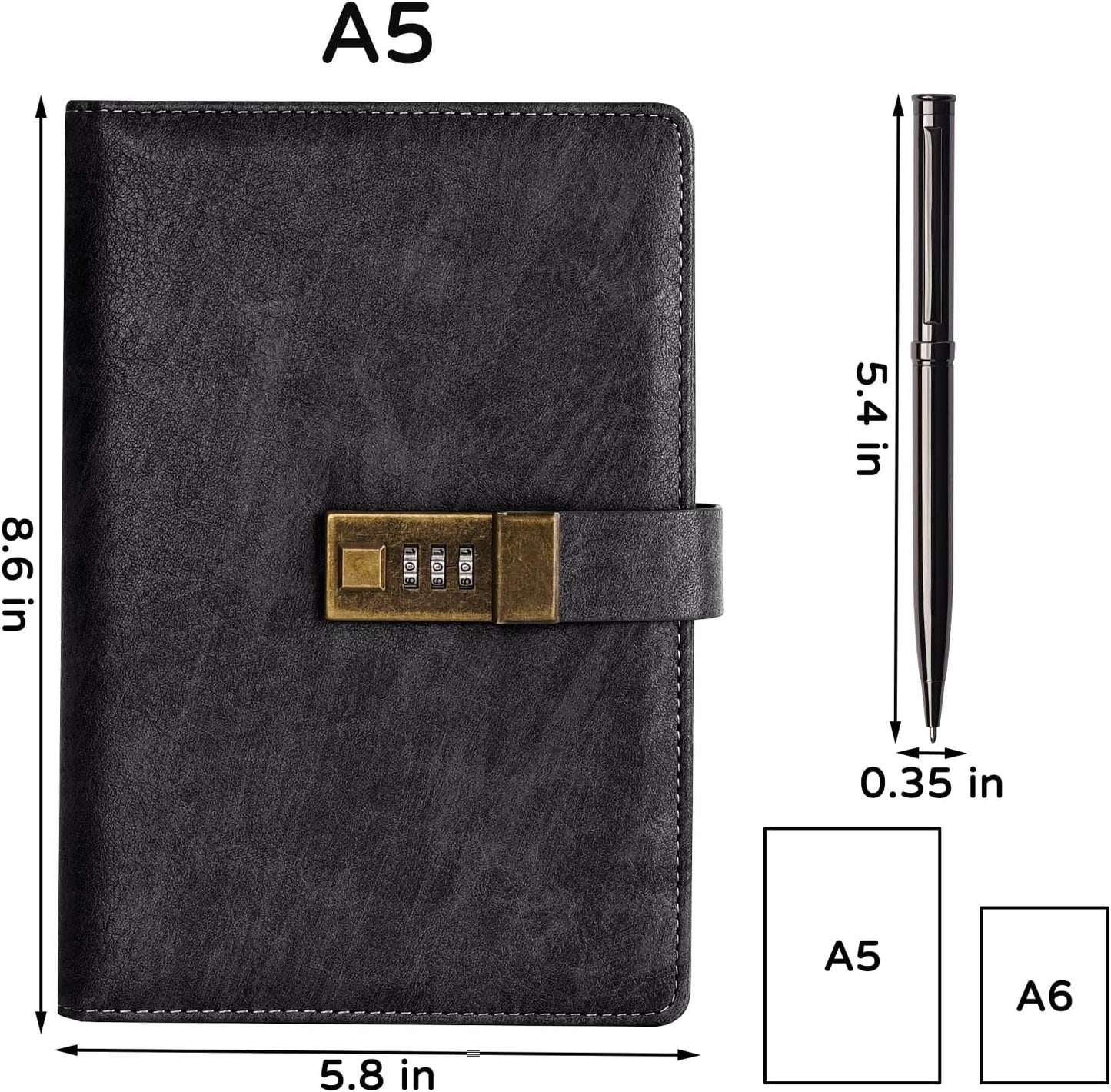 WEMATE Diary with Lock, A5 PU Leather Journal with Lock 240 Pages, Vintage Locks Journal Password Notebook with Pen, Locks Diary Planner Organizer for Men and Women, 8.6x5.8in Black