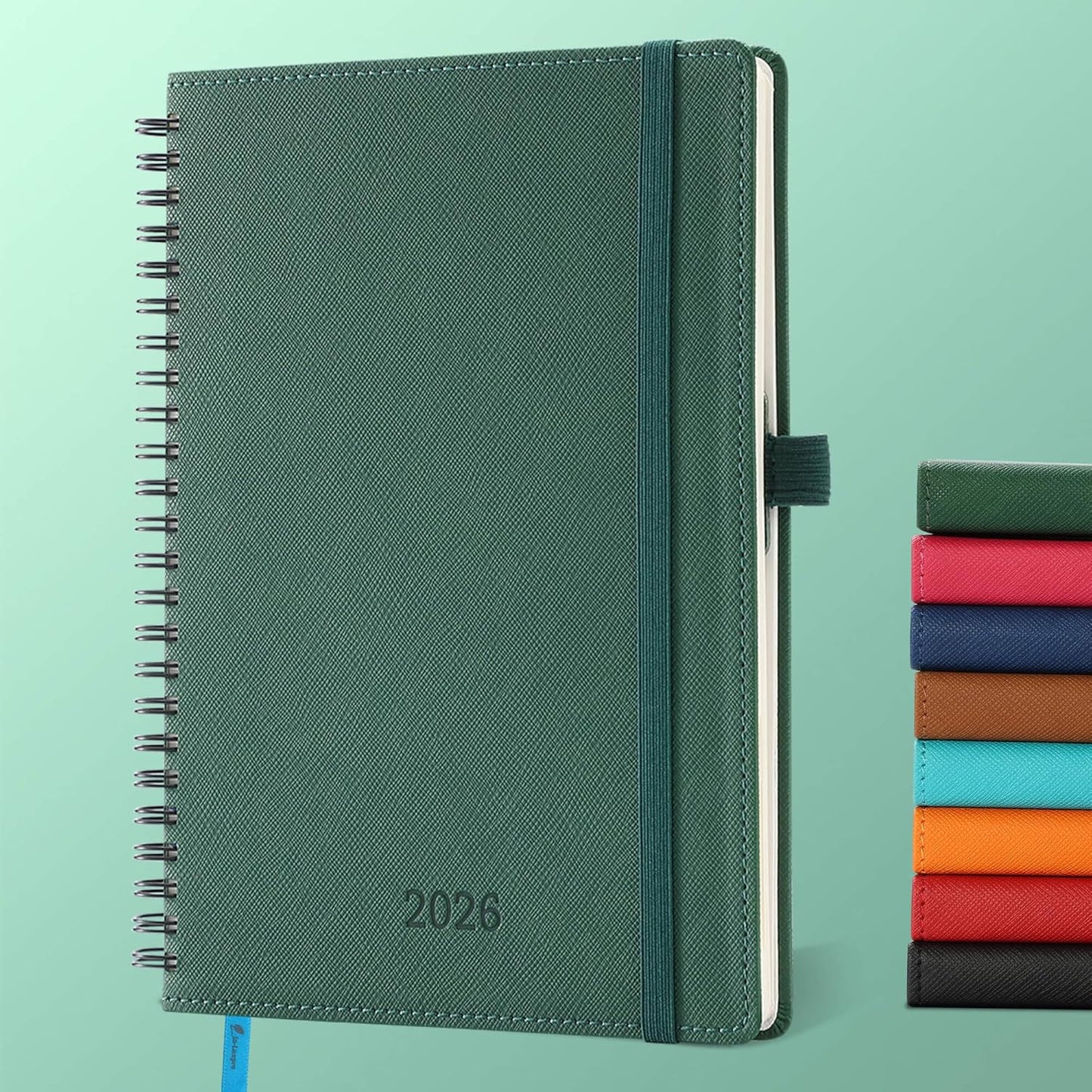Planner 2026 Daily Weekly and Monthly,8.5"x6.5",12 Months Spiral Bound Calendar Agenda with Self-adhesive Pen Holder,2026 Appointment Book with Vegan Leather Soft Cover,Green