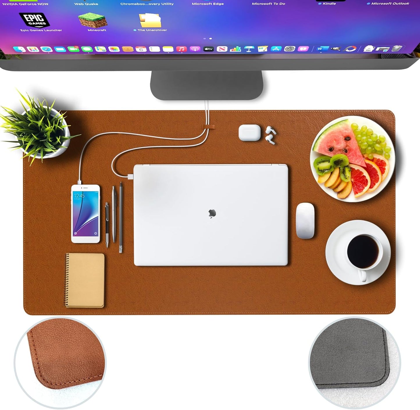 Leather Desk Mat Protector, Office Desk Pad Cable Organizer, Large Mouse Pad, Non-Slip PU Leather Desk Blotter, Laptop Desk Mat Pad, Waterproof Desk Matt Desktop (Brown 13.8" x 23.6")