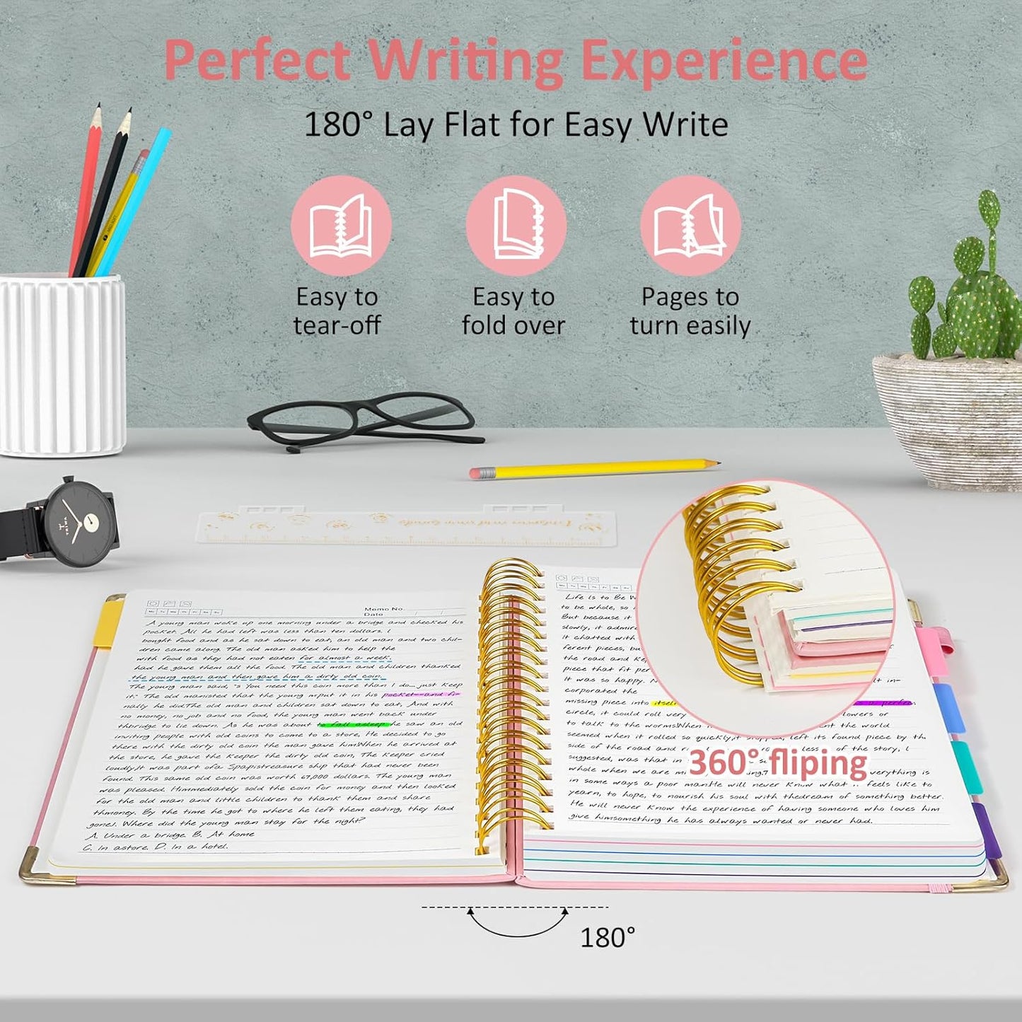 Hardcover Spiral Notebook Journal, 8"x10" Large B5 Notebooks with Removable Dividers Tabs, 300 Pages Leather 5 Subject Notebook College Ruled, Journal for Work School Note, 100 GSM Thick Paper,Pink