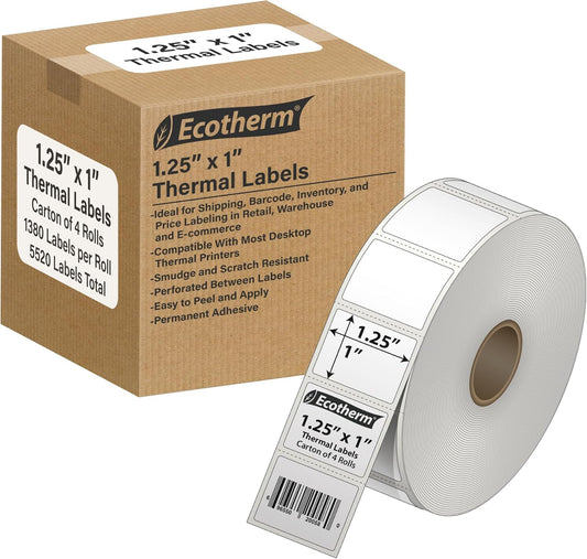 1.25" x 1" Thermal Labels | 4 Rolls | 5520 Labels | fits Zebra, Godex, Arkscan, iDPRT, Offnova Thermal Label Printers and More | Blank White Adhesive Stickers by Ecotherm