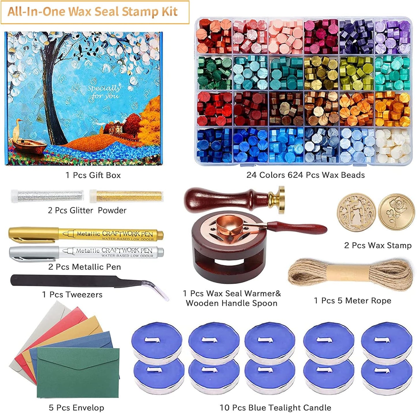 Comealltime Wax Seal Kit with Gift Box, 624 Pcs 24 Colors Sealing Beads, 2 Pcs Stamps, Sealing Wax Warmer, Metallic Pen, Envelope, Candles for Wedding Birthday Gift and DIY Craft, Sellado de Cera