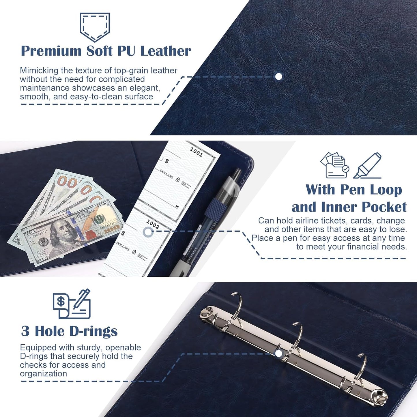 9" x11 1/4" PU Leather 3 Rings Personal Checks Binder for End-Stub Deskbook 3-Ring Binders for Desk Check fit 3 & 9 Holes Checkbook Binder Cover for Business Finances (Not Fit 7 Holes,Navy Blue)