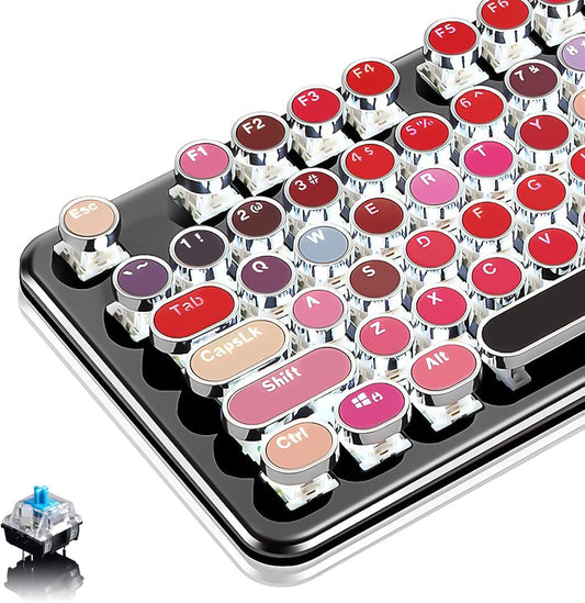 Basaltech Typewriter Style with White LED Backlight,Vintage Mechanical Gaming Keyboards with Lipstick Round Keycaps, Blue Switches 104-Keys Wired Keyboard Metal Panel for Laptop/pc