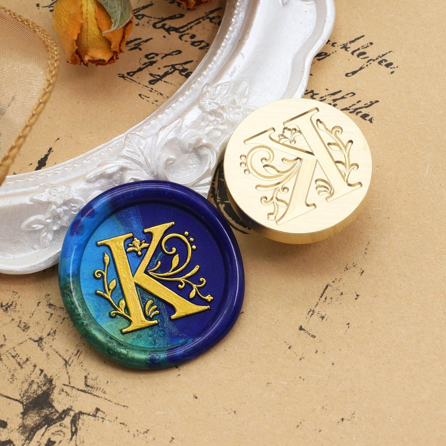 SWANGSA Initial Alphabet K Wax Seal Stamp Kit, Classic Retro Letter Sealing Stamp with 200pcs Sealing Wax Beads Kit for Wedding Invitations Cards Envelopes (K)