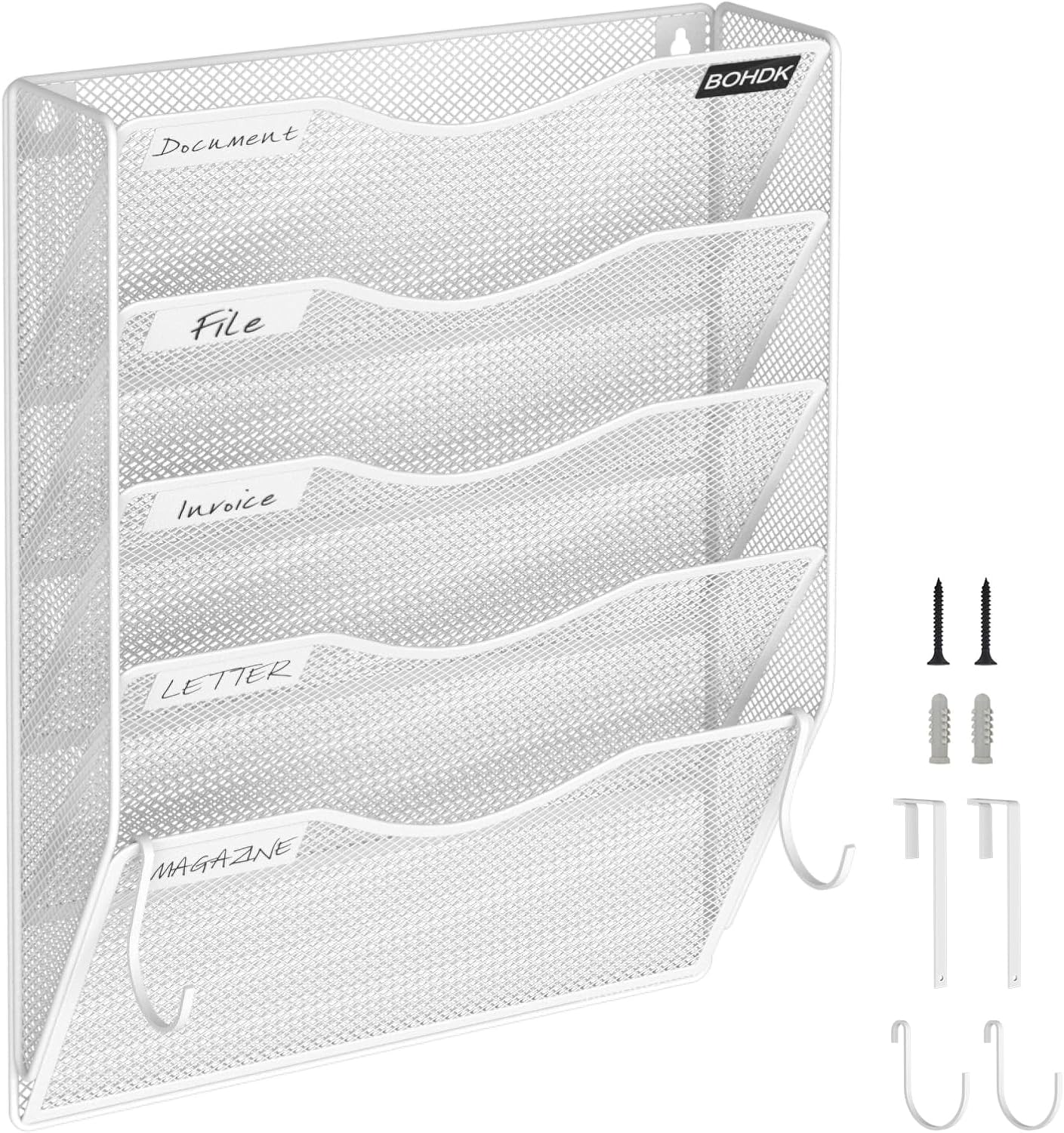 Wall File Organizer, 5 Tire Hanging File Folder Organizer, Vertical Mesh Metal Door/Wall Mount Hanging File Holder, Paper Document Magazine Rack with Hooks for Home Office White