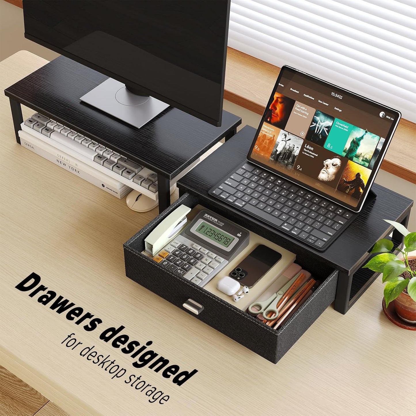 WOHOMO Dual Monitor Stand Riser with Drawers, Desk Organizers for 2 Monitors, Desktop Storage Stand for Computer,Laptop,Black