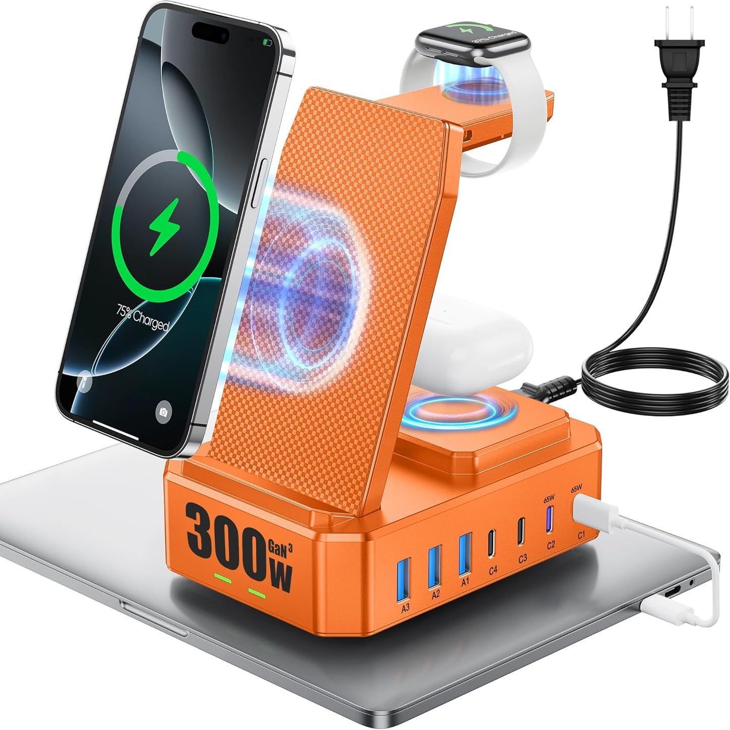 300W Charging Station for Multiple Devices Apple, Zutspzss 10 in 1 Wireless Charger for iPhone 16, GaN III USB C 65W PD Fast Charging Stand Dock for MacBook, Apple Watch&Airpods,Orange