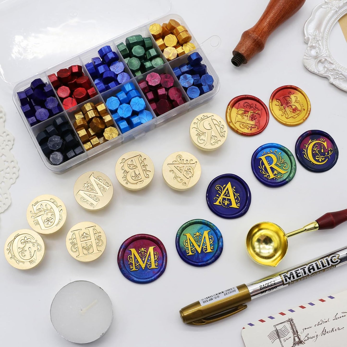 SWANGSA Initial Alphabet E Wax Seal Stamp Kit, Classic Retro Letter Sealing Stamp with 200pcs Sealing Wax Beads Kit for Wedding Invitations Cards Envelopes (E)