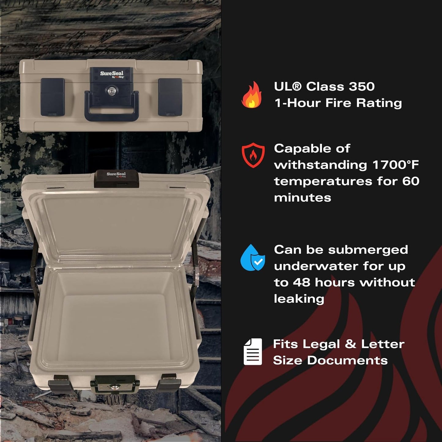 FireKing SureSeal Fire Safe with Key Lock, 1 Hour Fire Rated, UL Rated & 100 Hour Water Resistant Home Safe, Portable Home Safes, Taupe