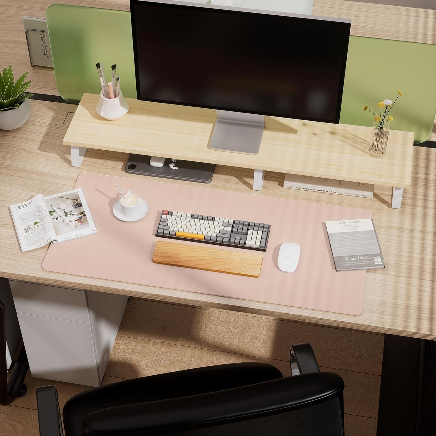 Aothia Double-Sided Desk Pad – 35.4" x 15.7" Leather Desk Mat with Eco Cork Protector, Large Mouse Pad, Waterproof Desk Blotter for Office/Home (Pink)