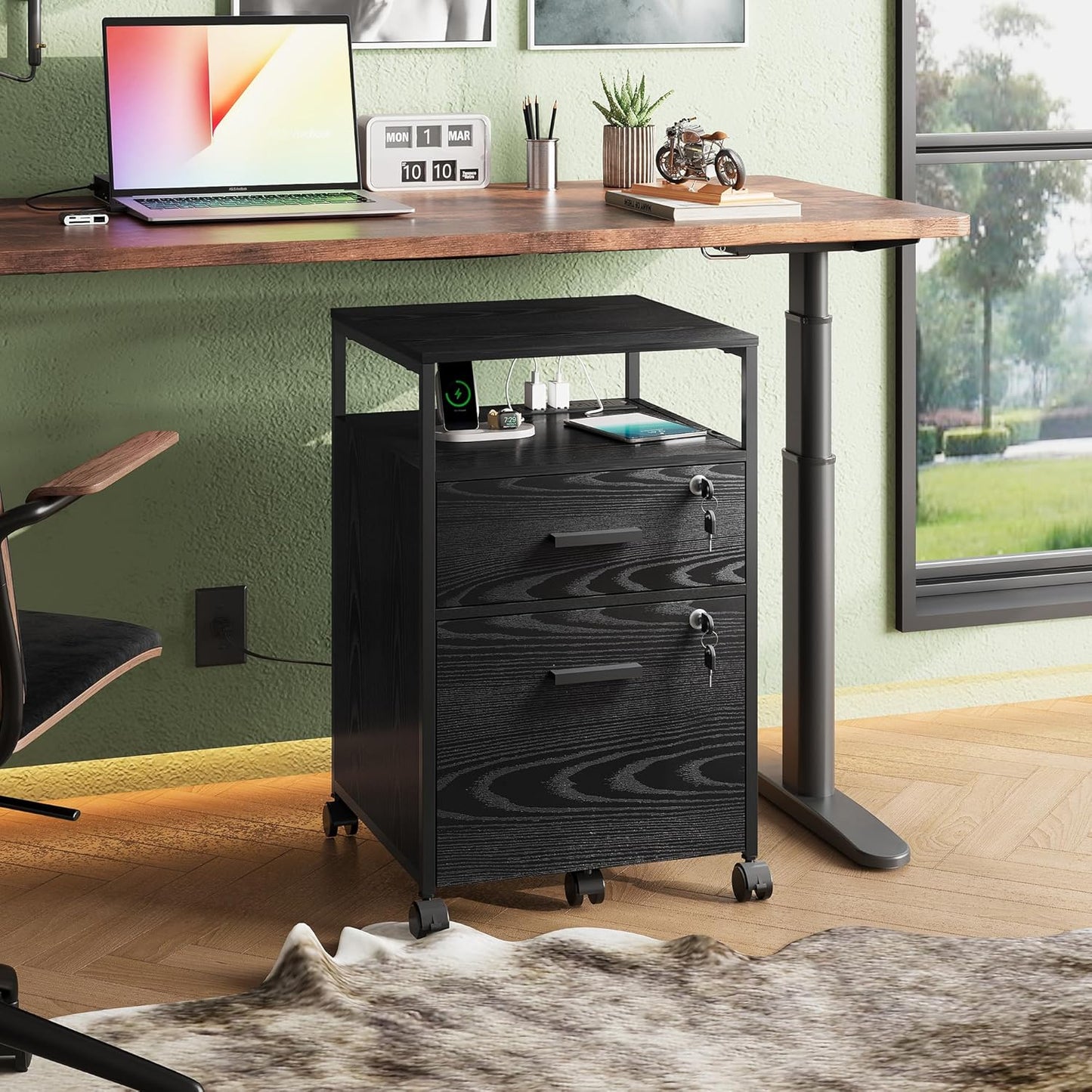 DEVAISE 2 Drawer File Cabinet with Lock and Charging Station, Wood Filing Cabinet fits A4 or Letter Size, Mobile Printer Stand with Open Storage Shelf for Home Office, Black