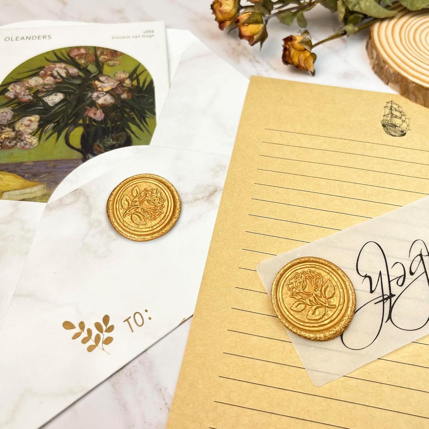 50Pcs Wax Seal Stickers Handmade Envelope Seals Self Adhesive Wax Stickers for Wedding Party Invitations, Envelope, Gift Wrap, Christmas(Rose Style, Gold)