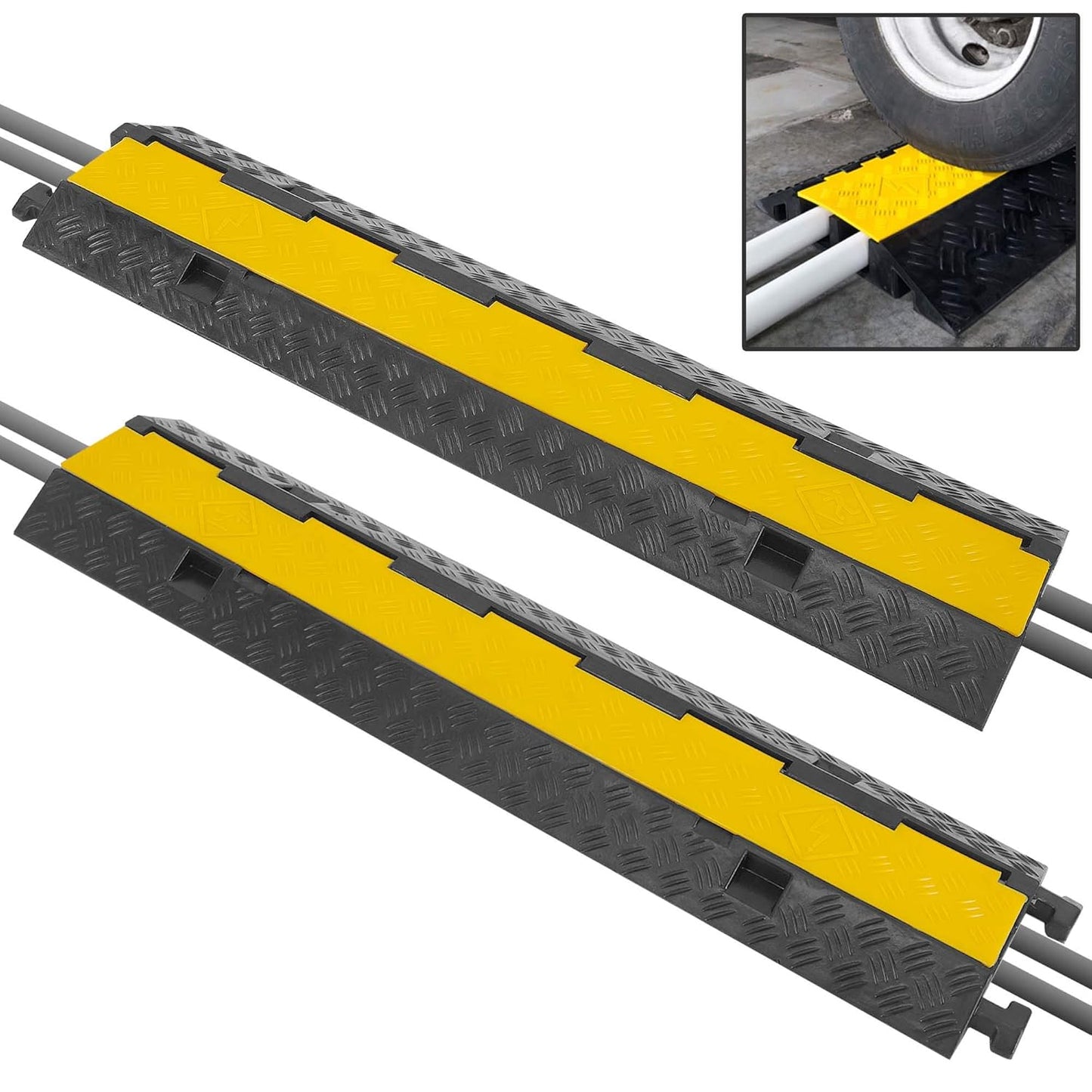 Pyle 2-Pack Heavy Duty Cable Ramp, Protective Cover with 2-Channel Design, 2000 lbs Load Capacity, Flip-Open Top, Non-Slip Surface, High Visibility Yellow, Suitable for Indoor and Outdoor Use
