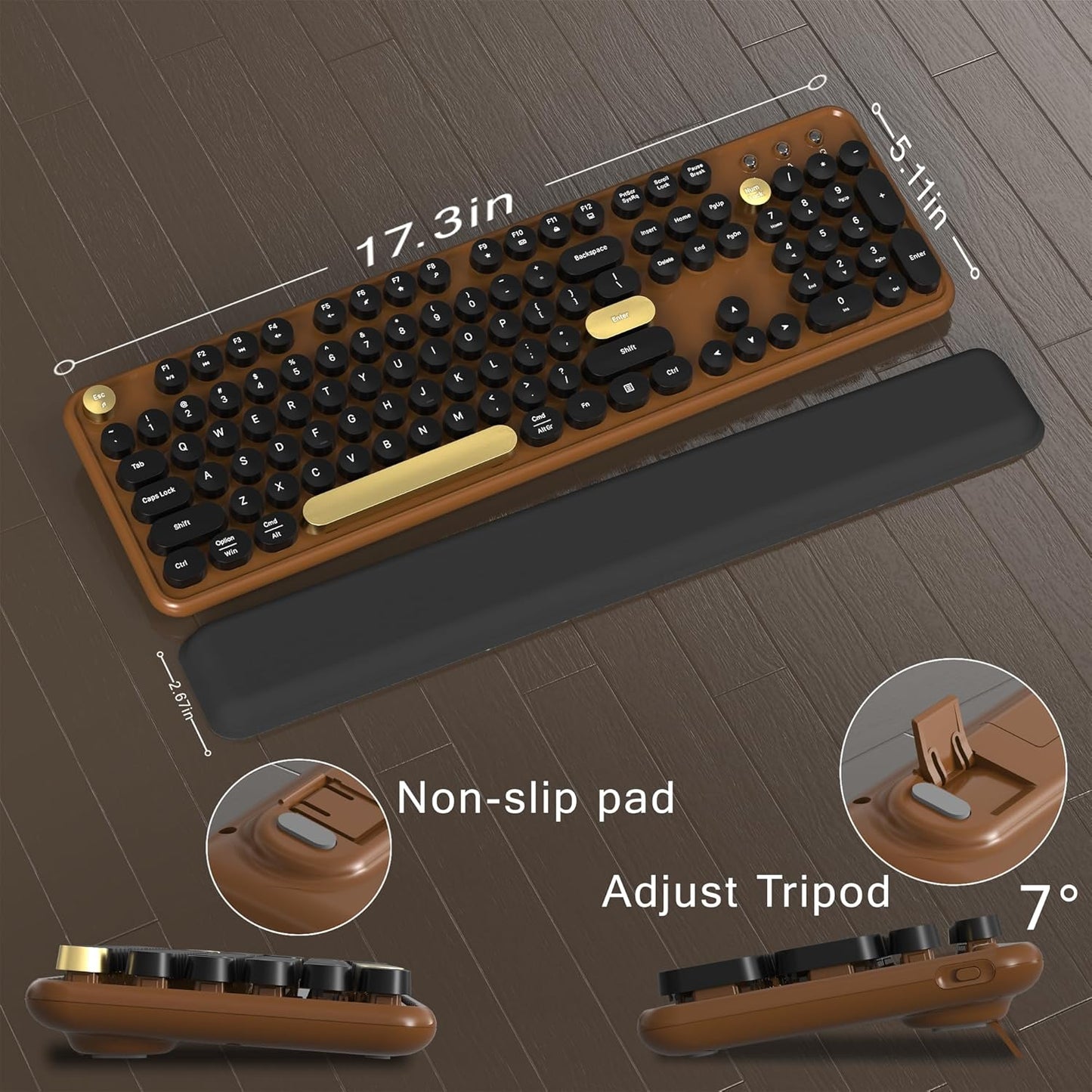 Colorful Wireless Computer Keyboard and Mouse Combo with Round Typewriter Keycaps, Retro Design, Power Switch, Ergonomic Design, 2.4GHz Wireless for Windows, Mac, PC(Black-Brown)
