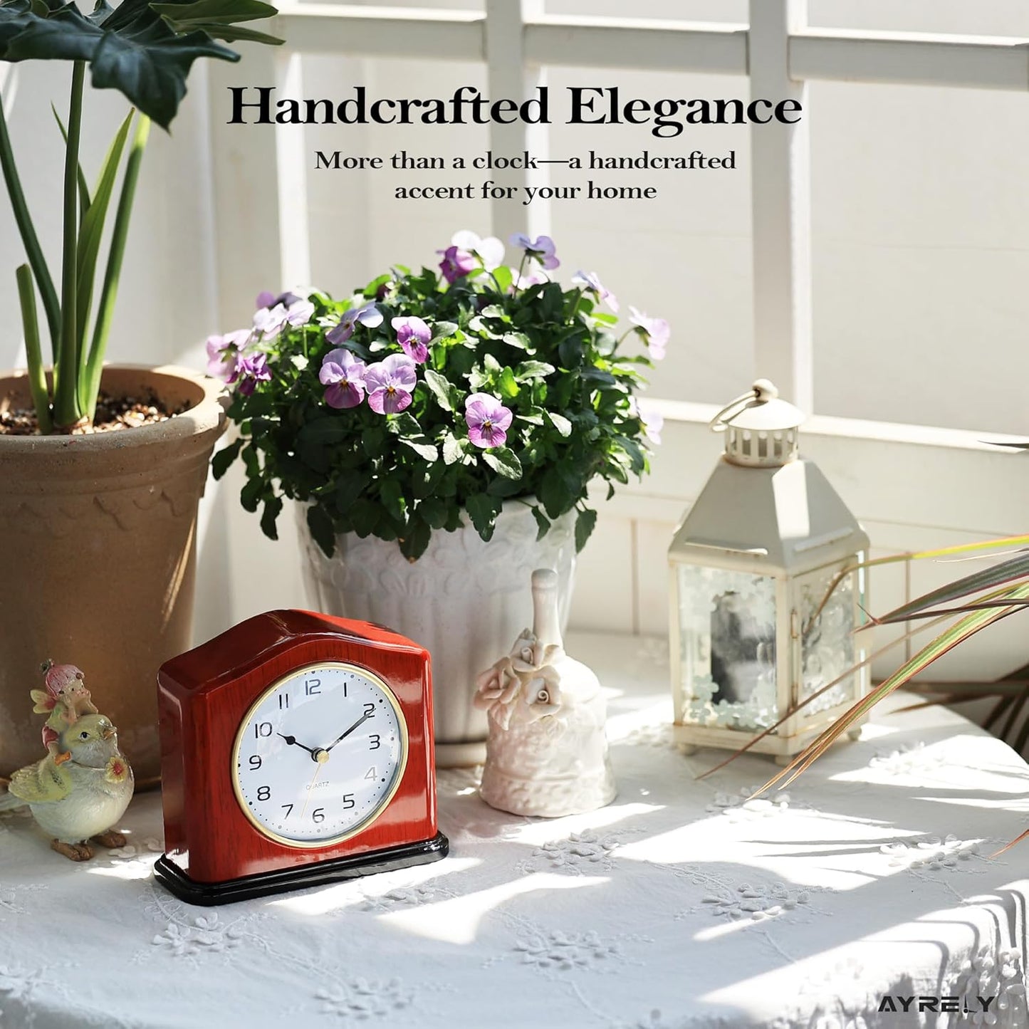 AYRELY® Mantel Clock, Handcrafted Solid Wood Desk Clock with Silent Movement, Piano-Gloss Finish, Elegant Table Clock for Fireplace, Bedroom, Office & Gifts