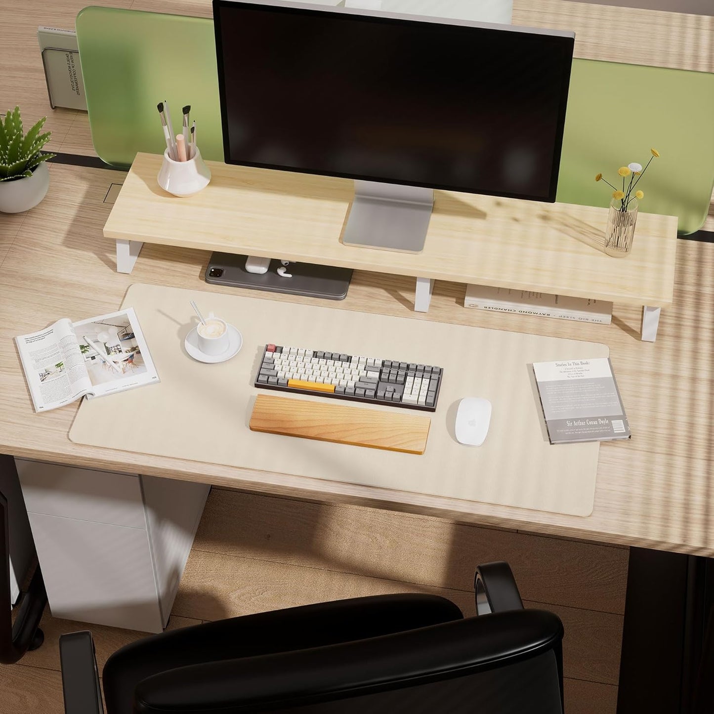 Aothia Dual-Sided Desk Mat - Natural Cork & Leather Desk Protector, Large Mouse Pad & Writing Pad for Office/Home, Beige (37.8"x17")